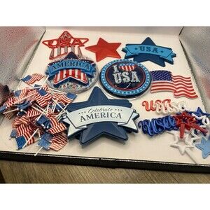 Lot Of Plastic Fourth Of July Cake, Cupcake Picks,Decorations